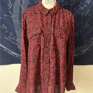 Investments Red & Black Printed Button Down Blouse NWT XL